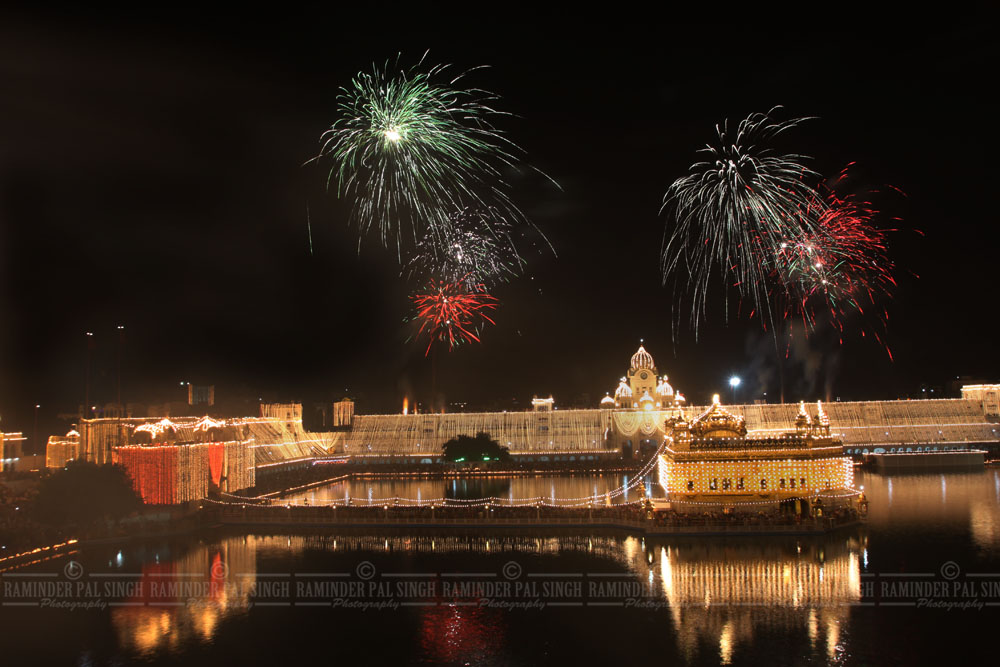 Diwali crackers fireworks over Golden Temple at night