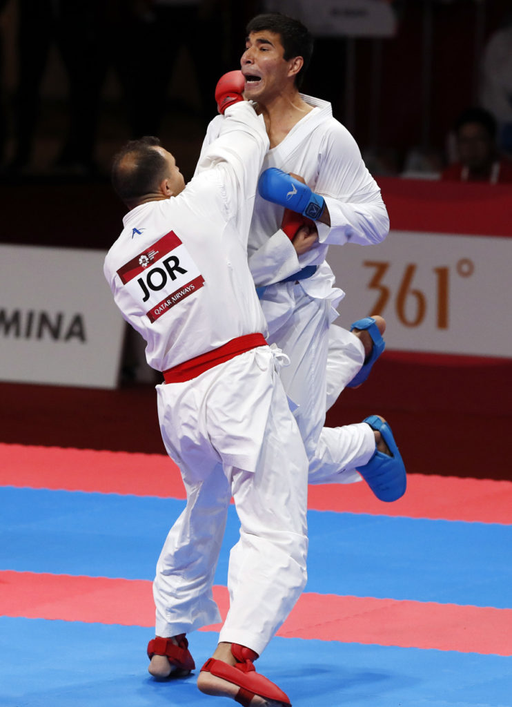 men's karate bronze medal match Jordan Kazakhastan fight sports Asian Games Jakarta Indonesia